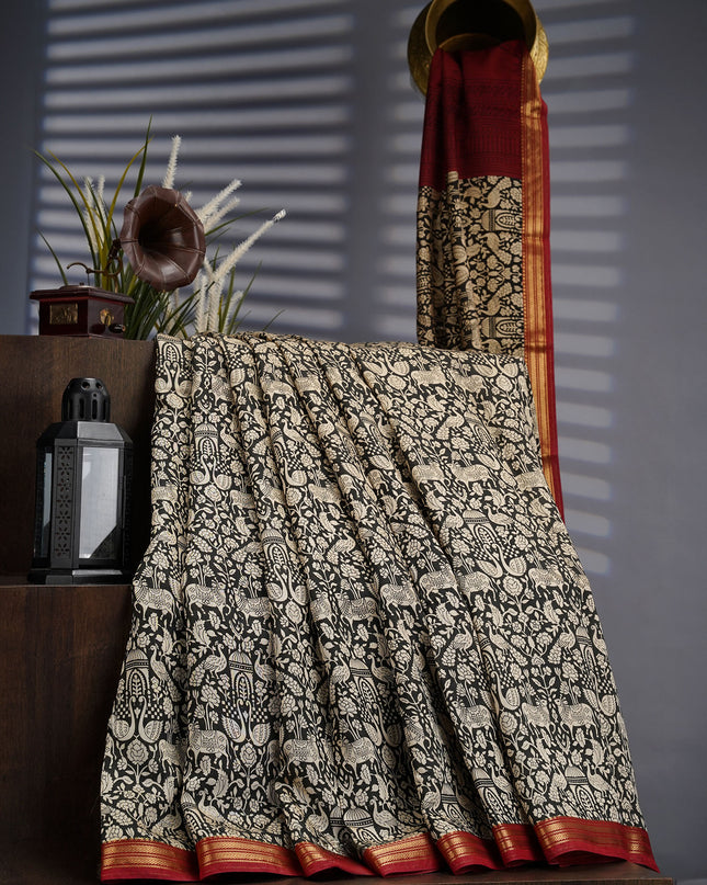 Muslin Silk Allover Digital Print with Contrast Border- Black