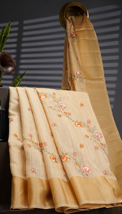 Jute Tusser Silk Saree With thread Embroidery Work And Satin Border - Tan