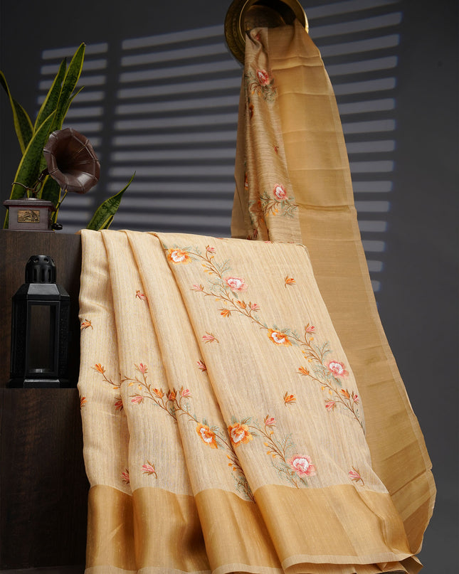 Jute Tusser Silk Saree With thread Embroidery Work And Satin Border - Tan