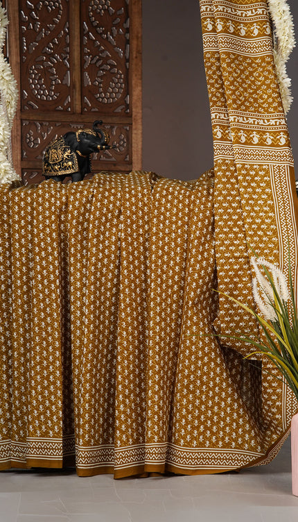 Mul Cotton Saree with  Block Printed - Mehandi Green
