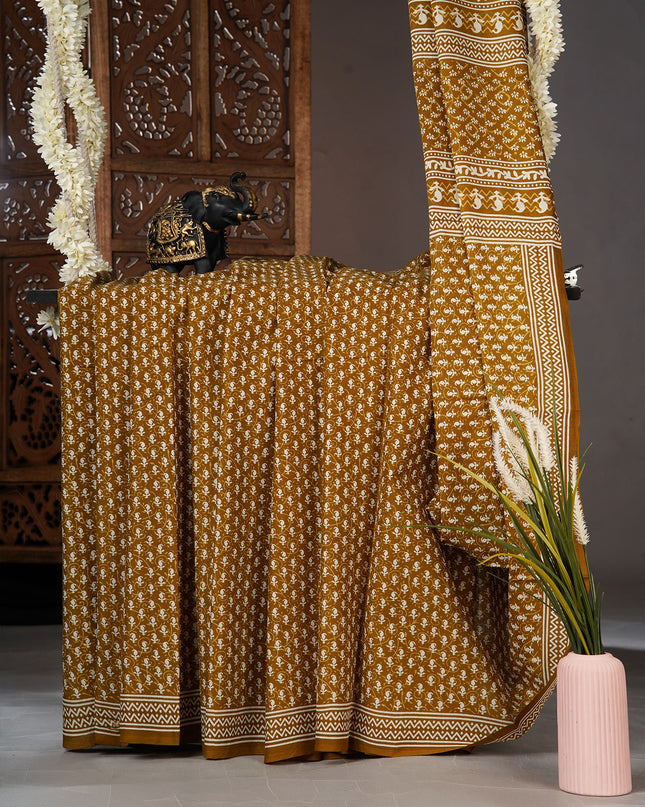 Mul Cotton Saree with  Block Printed - Mehandi Green