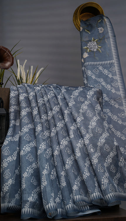 Silk Kota Lehariya Design With Mirror Work - Grey