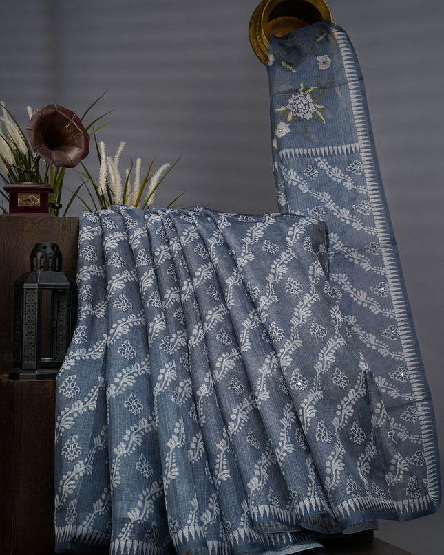 Silk Kota Lehariya Design With Mirror Work - Grey