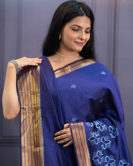 Mangalagiri Silk Embroidery Work With Golden Border - Blue