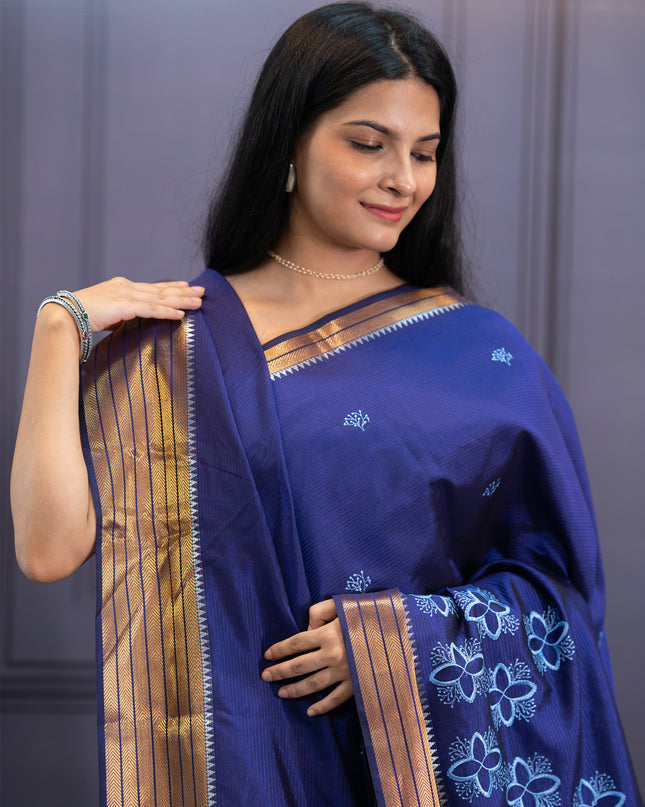 Mangalagiri Silk Embroidery Work With Golden Border - Blue