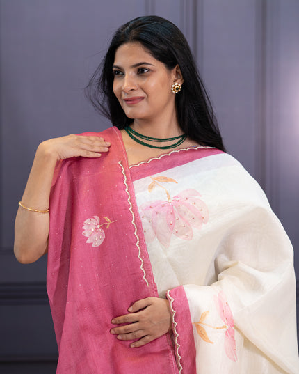 Linen With Pearl Work Scallop Border - Pink