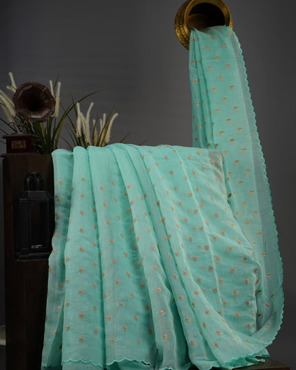 Mul Chanderi With Thread Embroidery Buttis and Scallop Border - Sea Green