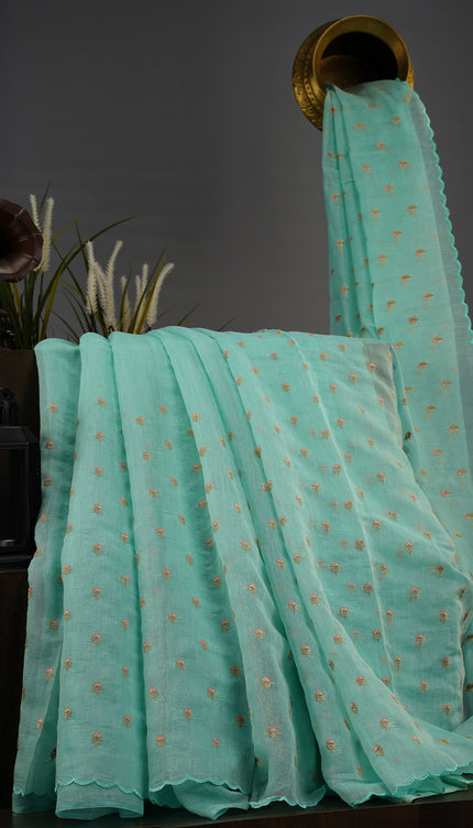 Mul Chanderi With Thread Embroidery Buttis and Scallop Border - Sea Green