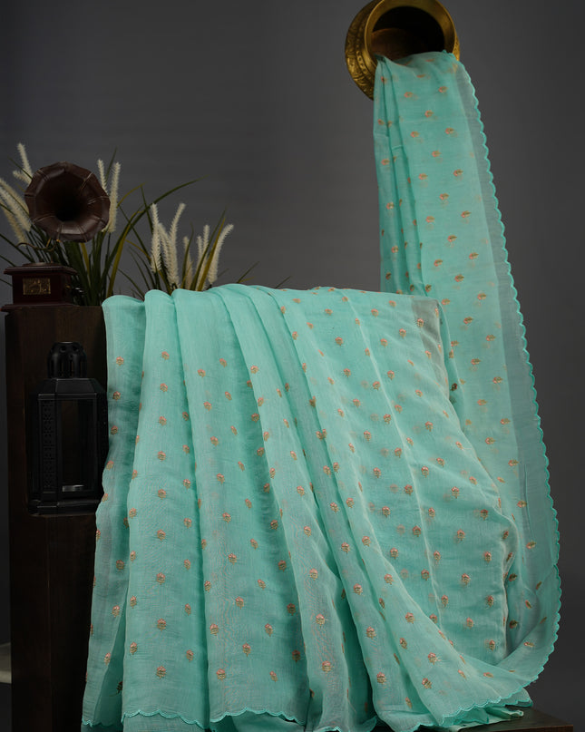 Mul Chanderi With Thread Embroidery Buttis and Scallop Border - Sea Green