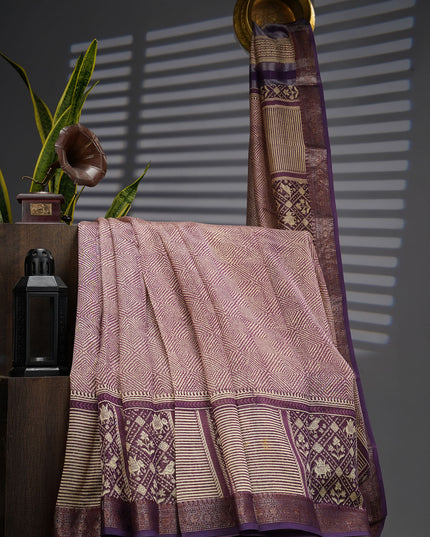 Chanderi Silk Allover Print with Antique Zari Border - Lavender