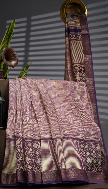 Chanderi Silk Allover Print with Antique Zari Border - Lavender