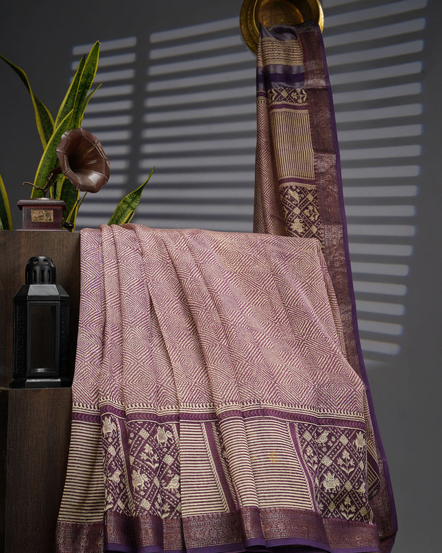 Chanderi Silk Allover Print with Antique Zari Border - Lavender