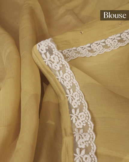 Mul Chanderi saree with Mirror work and lace Border -Mehandi Yellow