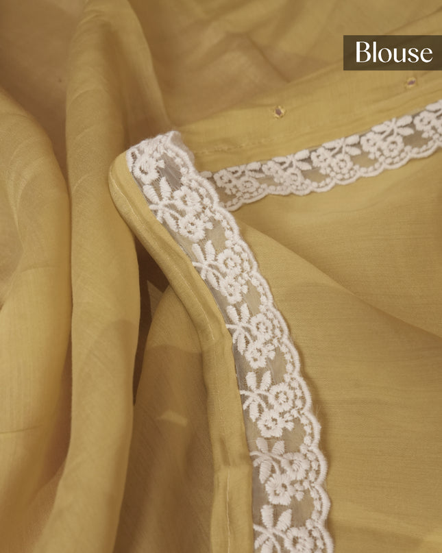 Mul Chanderi saree with Mirror work and lace Border -Mehandi Yellow