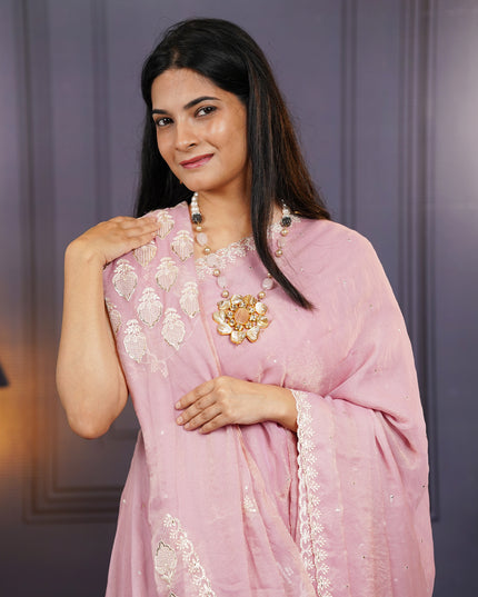 Soft Organza Tissue Saree With  Hand Work and Scallop Border-Dusty Pink