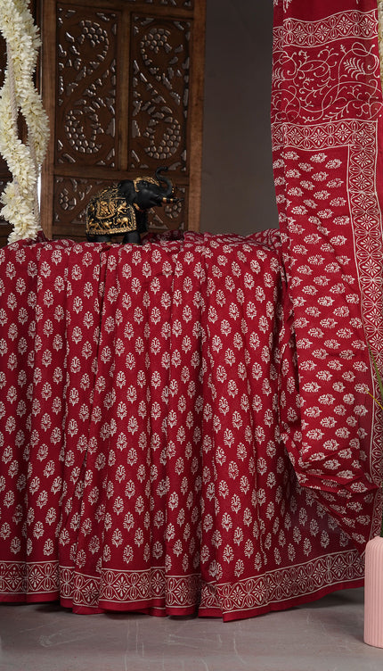 Mul Cotton Saree with  Block Printed - Red