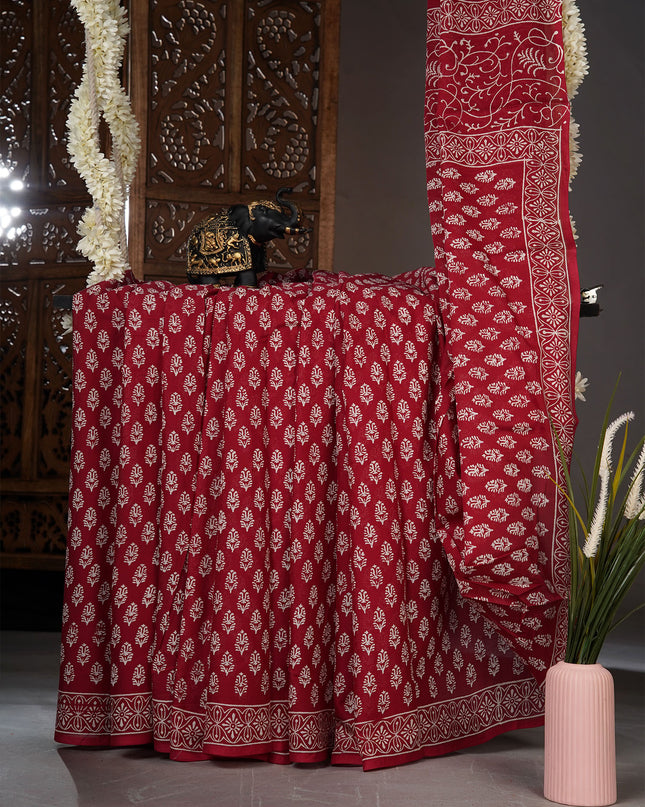 Mul Cotton Saree with  Block Printed - Red