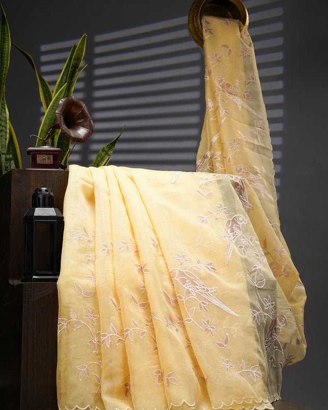 Linen Tissue Saree With Applique Work And Scallop Border - Light Yellow