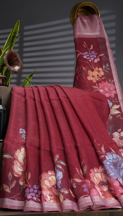 Linen Silk Floral Pallu With Silver Zari Border - Maroon