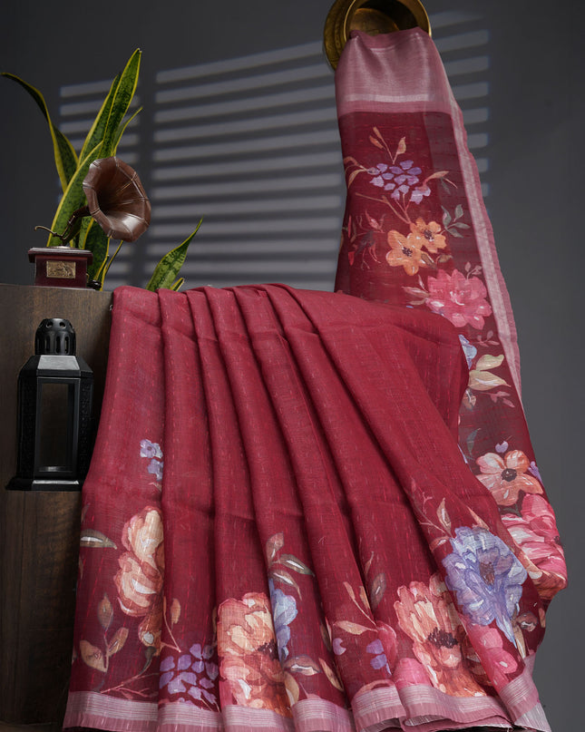 Linen Silk Floral Pallu With Silver Zari Border - Maroon