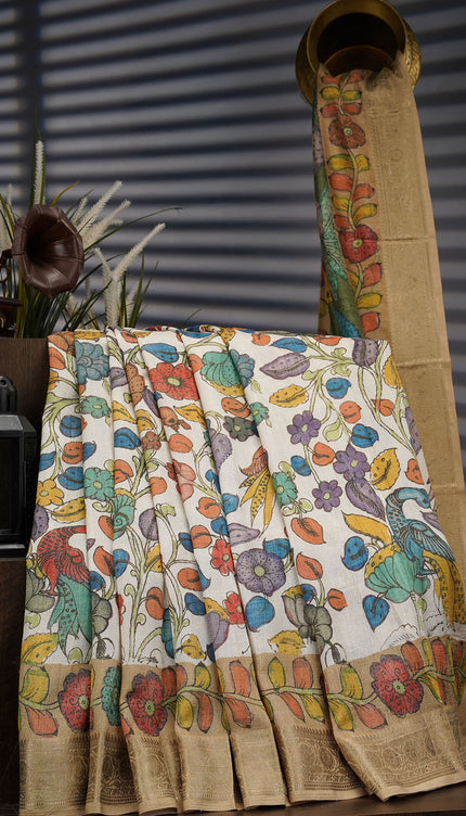 Tusser Saree Kalamkari With Kanchi Border - P Green