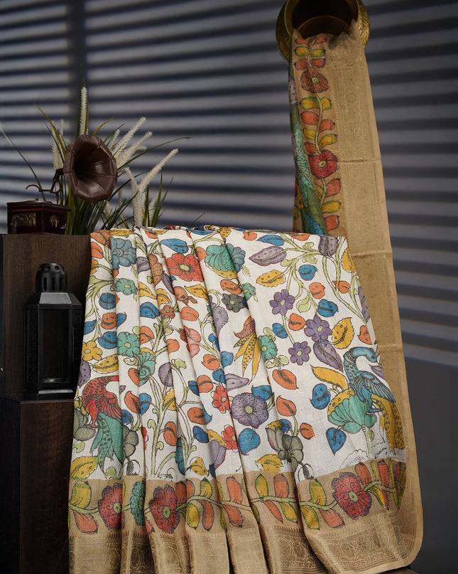 Tusser Saree Kalamkari With Kanchi Border - P Green