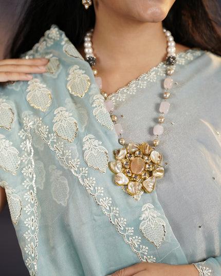 Soft Organza Tissue Saree With  Hand Work and Scallop Border- Sea Blue