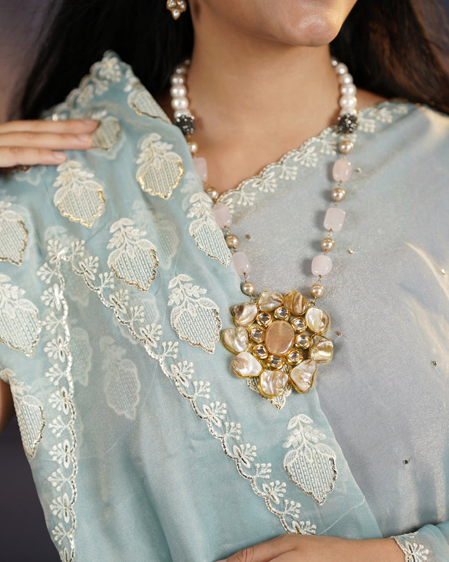 Soft Organza Tissue Saree With  Hand Work and Scallop Border- Sea Blue