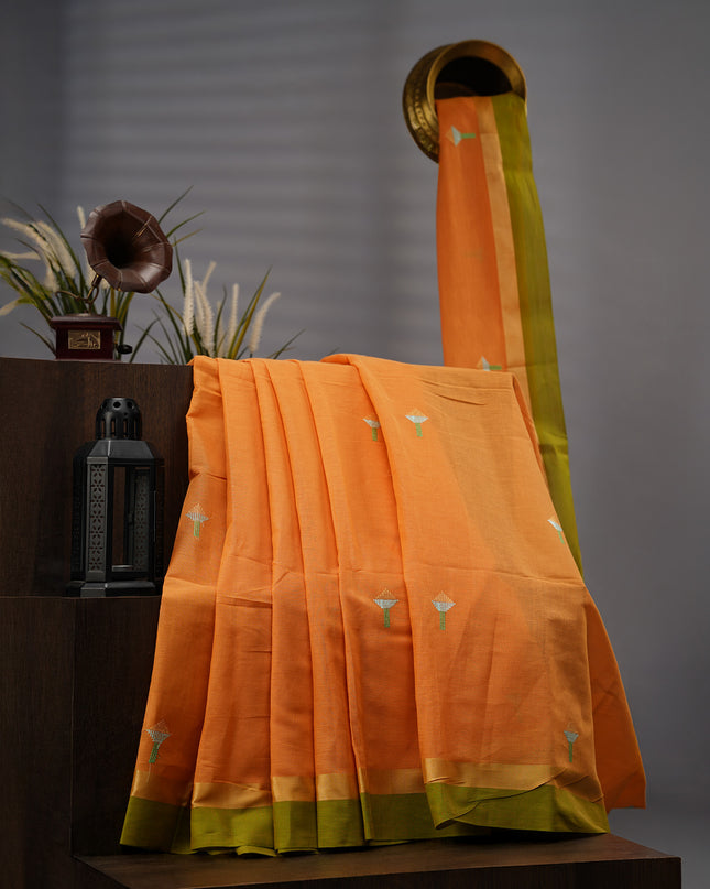 Handloom Cotton Thread Embroidery Butties Gold Border - Mustard