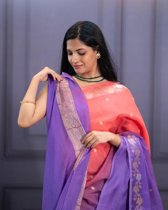 Satin Kota  Golden Zari weaving Buttis  with Banaras Border- Lavender