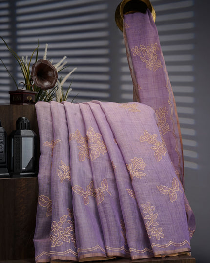Lenin Tissue Saree with Thread Embroidery Work- Lavender
