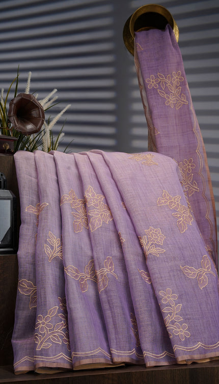 Lenin Tissue Saree with Thread Embroidery Work- Lavender