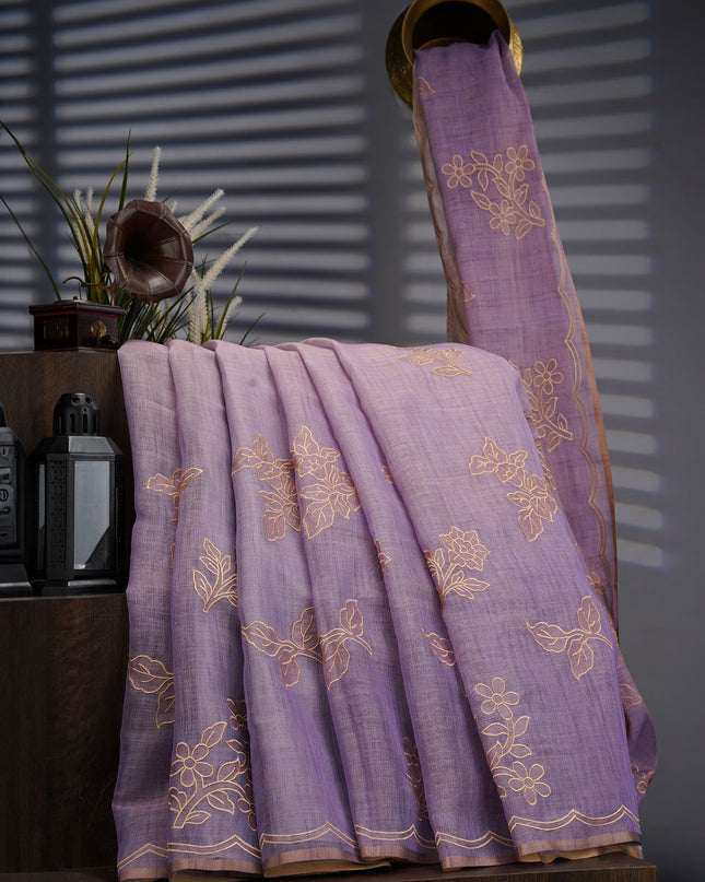 Lenin Tissue Saree with Thread Embroidery Work- Lavender