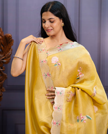 Tissue Soft Organza Silk with Zari & Thread Embroidery, Pichwai design -