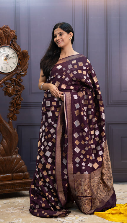 Banaras Silk Saree Gold & Silver Zari Butties and Border - Wine