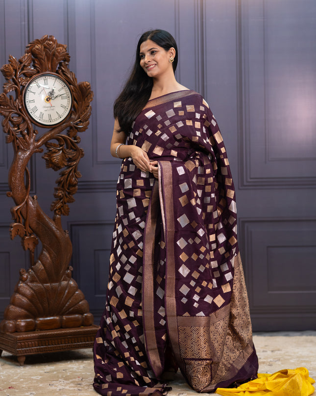 Banaras Silk Saree Gold & Silver Zari Butties and Border - Wine