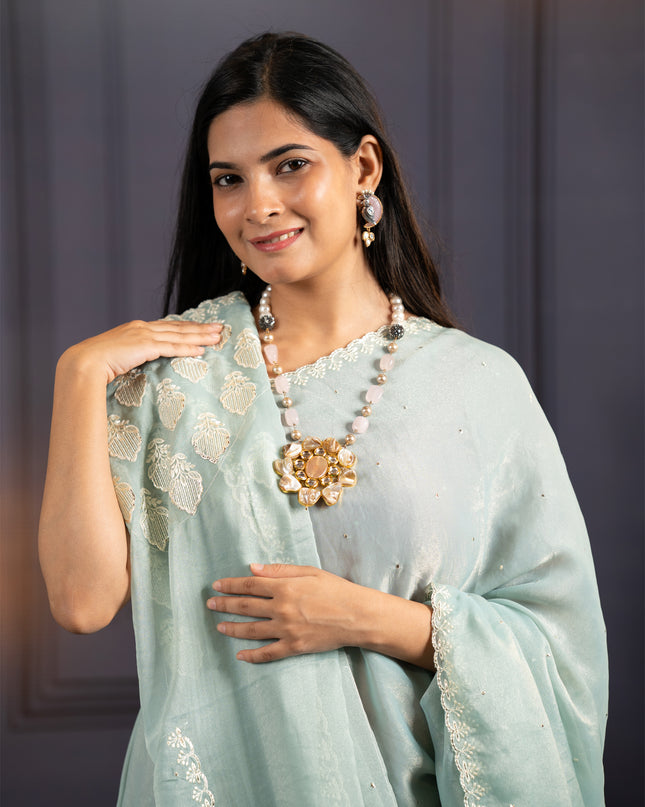 Soft Organza Tissue Saree With  Hand Work and Scallop Border- Mint Blue
