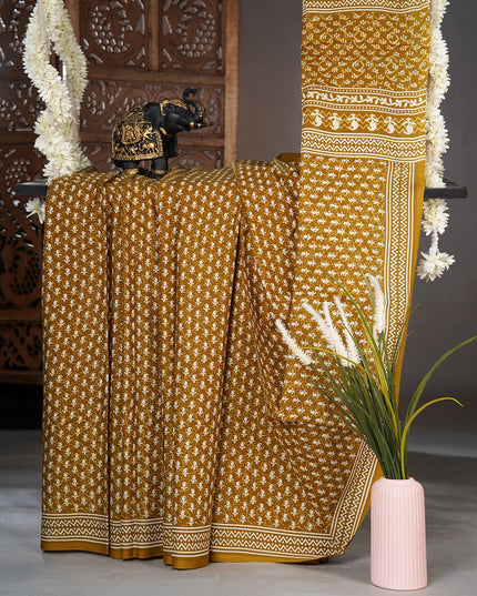 Mul Cotton Saree with  Block Printed - Mustered Yellow