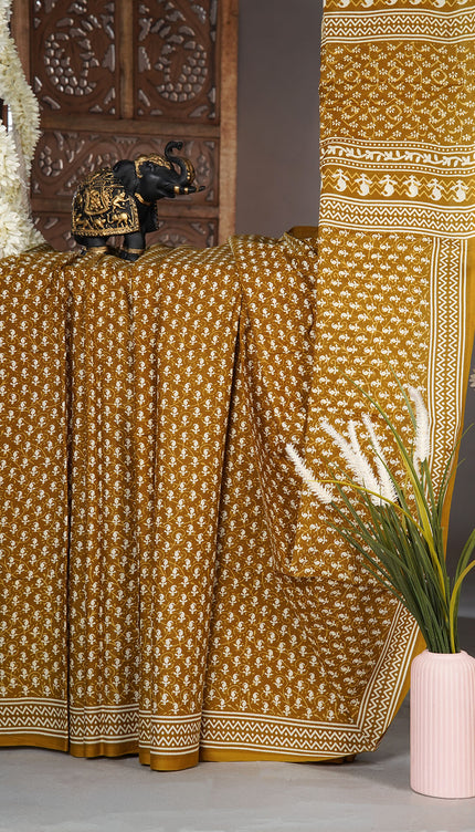 Mul Cotton Saree with  Block Printed - Mustered Yellow