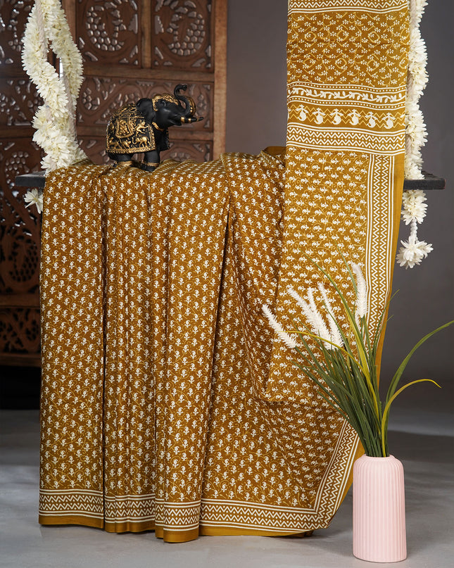 Mul Cotton Saree with  Block Printed - Mustered Yellow