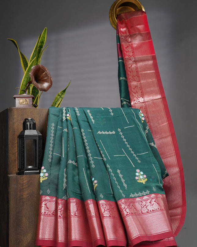 Mangalagiri Silk Saree With Thread Embroidery Butties And Silver Zari - B Green
