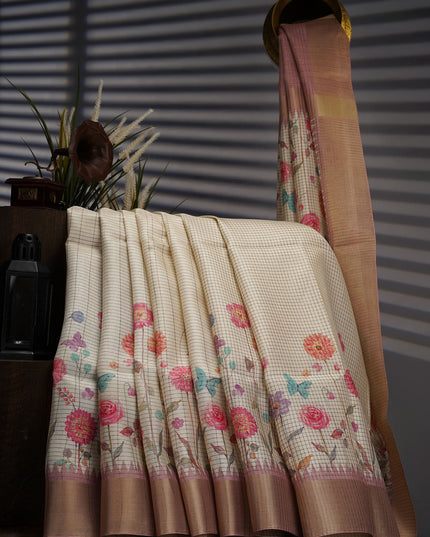 Tusser Weaving Checks Floral Print with Golden Border- White Pink