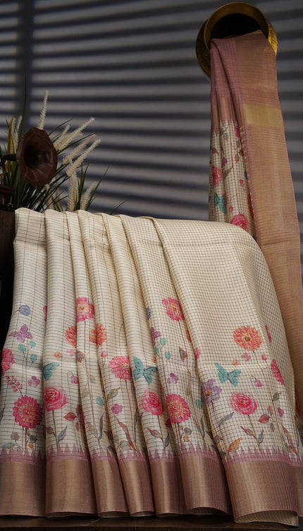 Tusser Weaving Checks Floral Print with Golden Border- White Pink