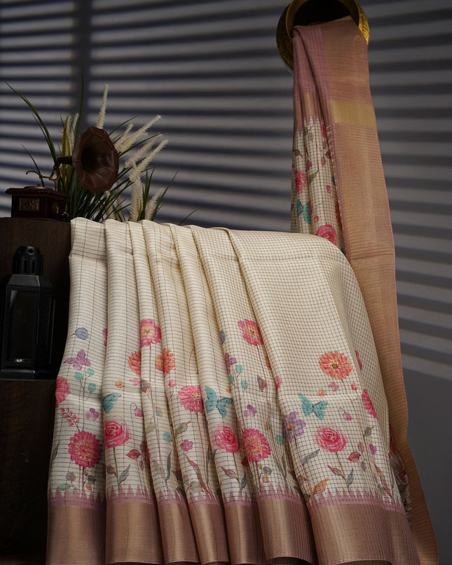 Tusser Weaving Checks Floral Print with Golden Border- White Pink