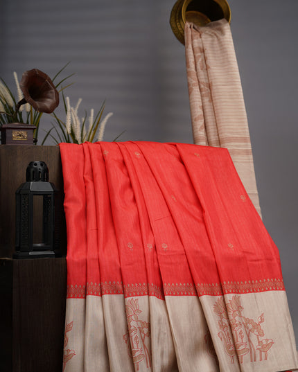 Semi Tusser Silk with Printed Contrast Border - Red