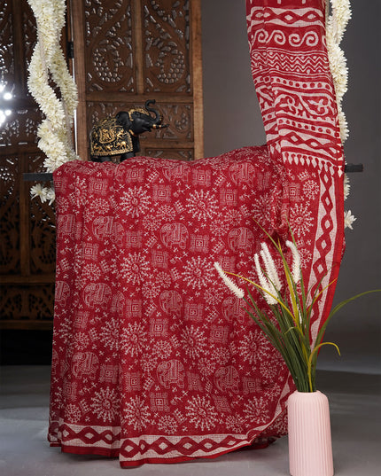 Kota cotton saree with warli print - Maroon Red