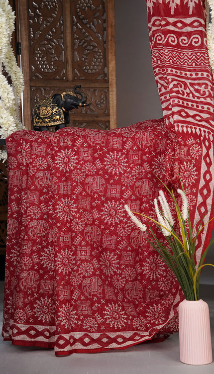Kota cotton saree with warli print - Maroon Red