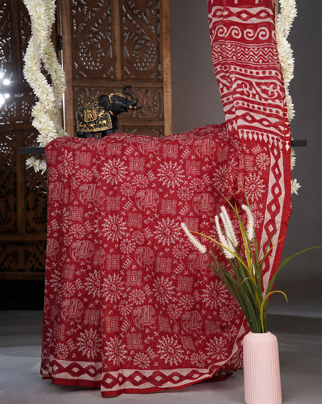 Kota cotton saree with warli print - Maroon Red