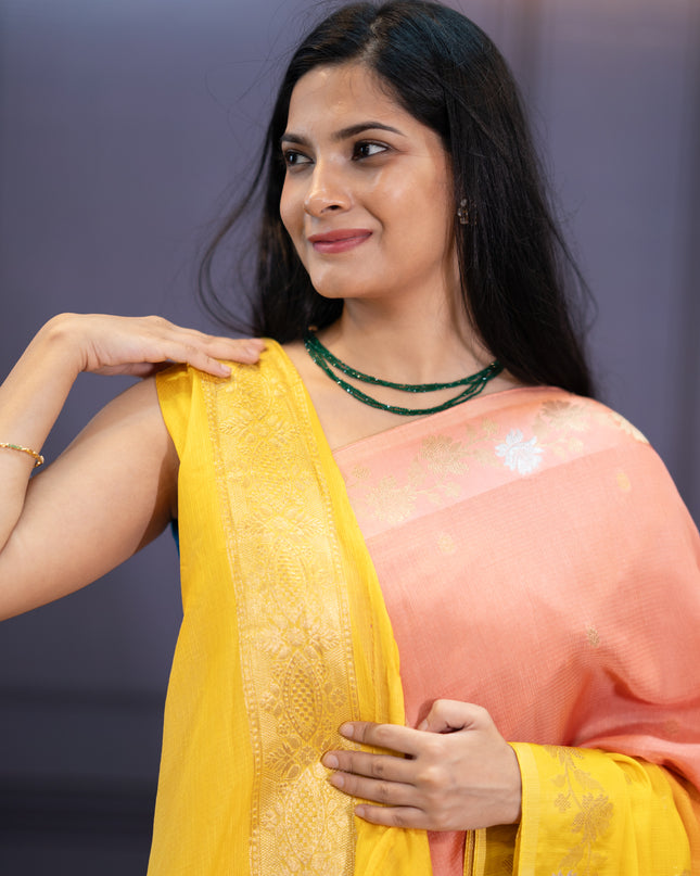 Satin Kota  Golden Zari weaving Buttis  with Banaras Border - Light Yellow