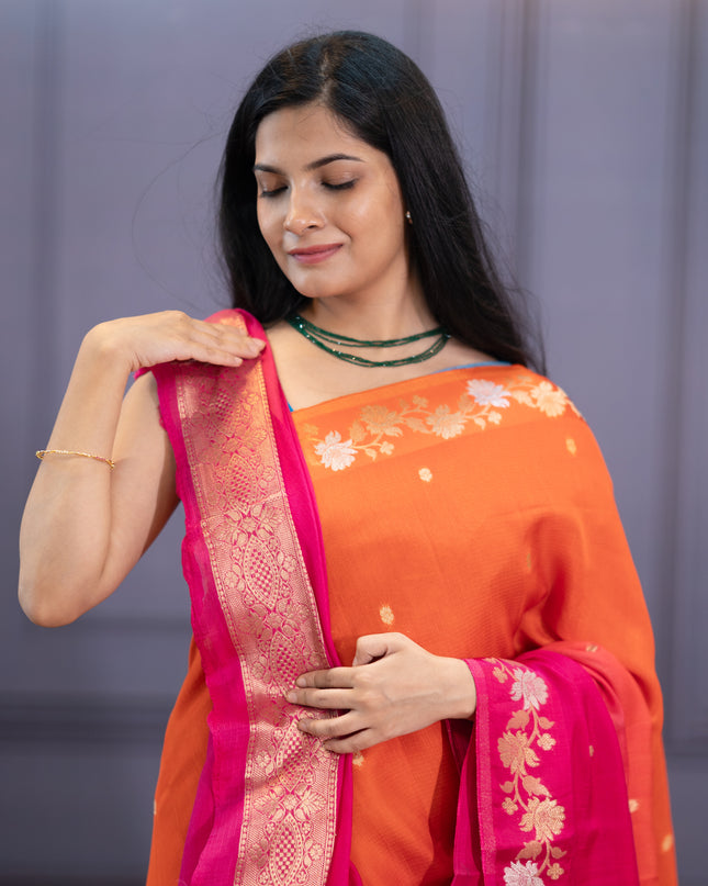 Satin Kota  Golden Zari weaving Buttis  with Banaras Border -Magenta